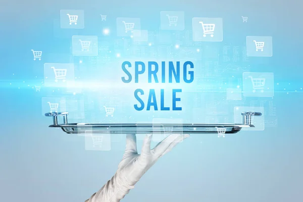 Číšník Servírující Nápis Spring Sale Koncept Nakupování Online — Stock fotografie