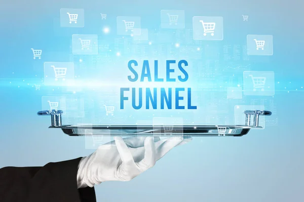 Sales Funnel Feliratot Kiszolgáló Pincér Online Vásárlási Koncepció — Stock Fotó