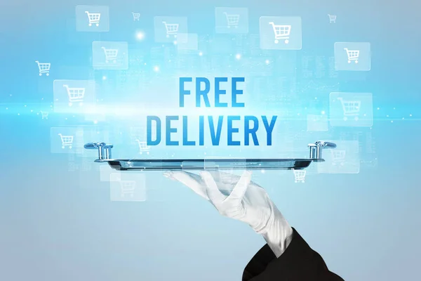 Servitör Som Serverar Gratis Delivery Inskription Online Shopping Koncept — Stockfoto