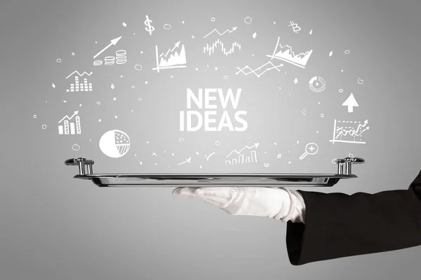 Camarero Sirviendo Concepto Idea Negocio Con Inscripción New Ideas — Foto de Stock