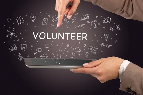 Close Touchscreen Volunteer Inscription Social Media Concept — Stock Photo, Image