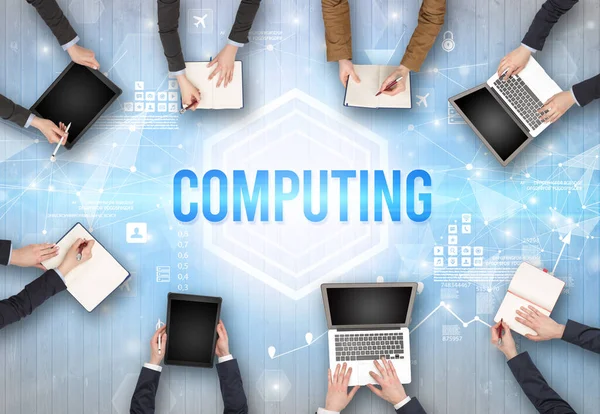 Group Busy People Working Office Computing Inscription Modern Technology Concept — Stock Photo, Image