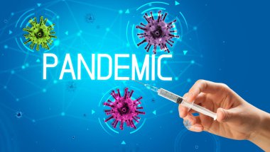 Şırınga, elinde PANDEMIC yazısıyla tıbbi enjeksiyon, koronavirüs aşısı konsepti