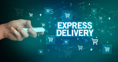 Express DELIVERY yazıtlı, çevrimiçi alışveriş konseptiyle el ele tutuşmak