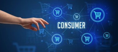 CONSUMER yazıtlarına, çevrimiçi alışveriş kavramına yakın çekim el işaretleri