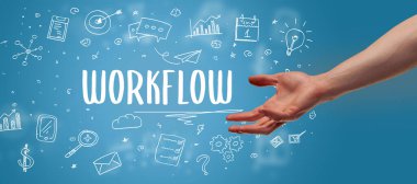WorKFLOW yazıtına işaret eden kırpılmış elin yakın çekimi, modern iş çözümü kavramı