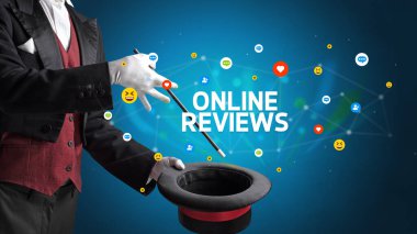 Sihirbaz ONLINE REVIEWS yazıtları, sosyal medya pazarlama konsepti ile sihirbazlık numarası gösteriyor