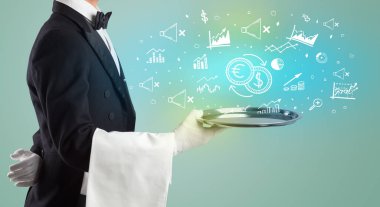 Smokinli yakışıklı genç garson tepside hızlı takas ikonları, küresel piyasa konsepti