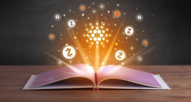 Üzerinde cardano simgeleri olan açık bir kitap, para değişimi konsepti