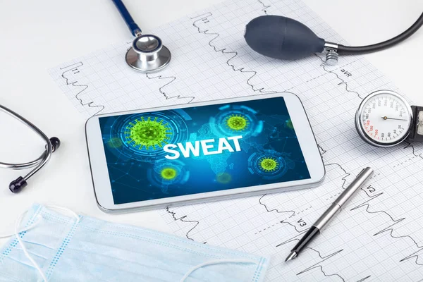 Detailní Záběr Tablet Nápisem Sweat Mikrobiologický Koncept — Stock fotografie