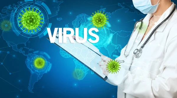 Orvos Kitölti Orvosi Feljegyzéseket Virus Felirattal Virológiai Koncepcióval — Stock Fotó