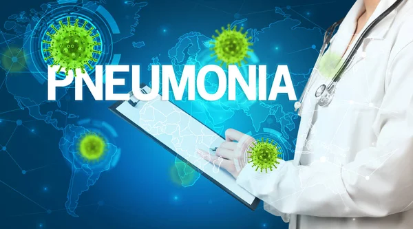 Doctor Vult Medisch Dossier Met Pneumonia Inscriptie Virologie Concept — Stockfoto