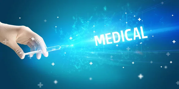 Spuit Medische Injectie Hand Met Medical Inscriptie Medisch Tegengif Concept — Stockfoto