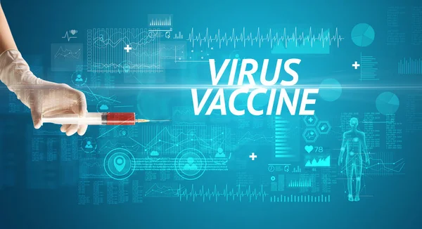 Virüs Aşısı Ile Şırınga Iğnesi Virus Vaccine Yazıtları Panzehir Konsepti — Stok fotoğraf