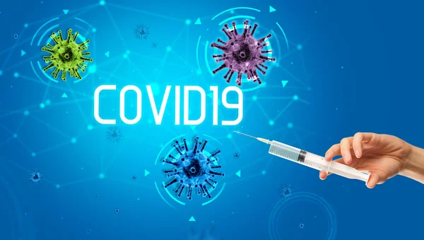 Jeringa Inyección Médica Mano Con Inscripción Covid19 Concepto Vacuna Contra — Foto de Stock