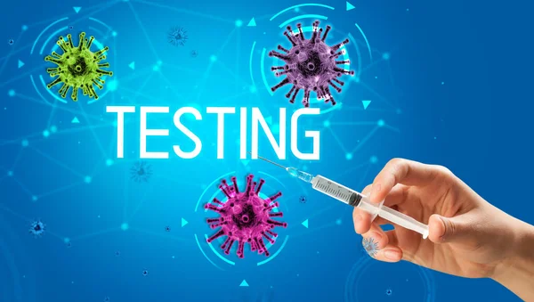 Syringe Medical Injection Hand Testing Inscription Coronavirus Vaccine Concept — Stock Photo, Image