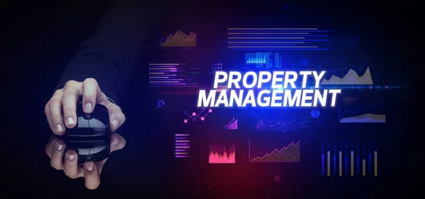 Hand Hält Drahtlose Peripherie Mit Property Management Beschriftung Cyber Business — Stockfoto