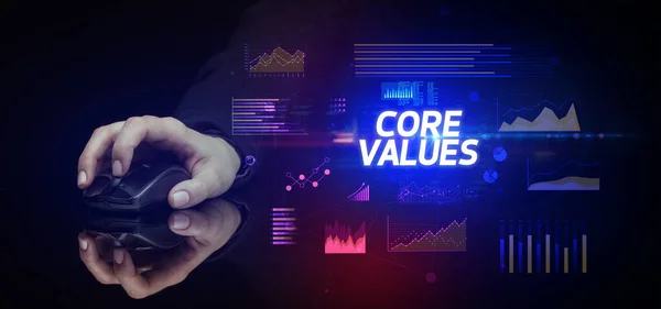 Hand Houden Draadloos Perifeer Met Core Values Inscriptie Cyber Business — Stockfoto