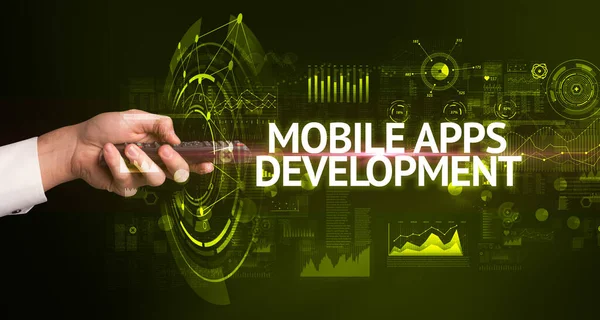 Рука Тримає Бездротовий Периферійний Пристрій Написом Mobile Apps Development Сучасна — стокове фото