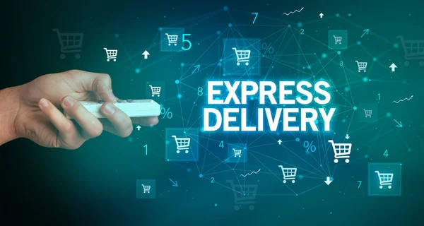 Hand Houden Draadloos Perifeer Met Express Delivery Inscriptie Online Shopping — Stockfoto