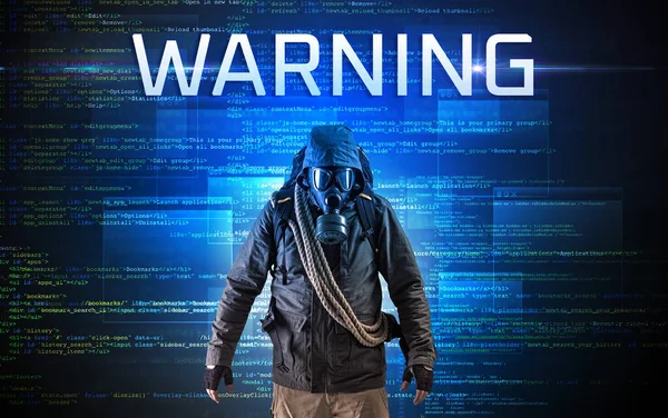 Pirata Informático Sin Rostro Con Inscripción Advertencia Fondo Código Binario — Foto de Stock