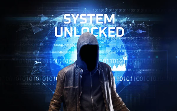 Безликий Хакер Работе Системой Разблокированных Надписей Концепция Компьютерной Безопасности — стоковое фото