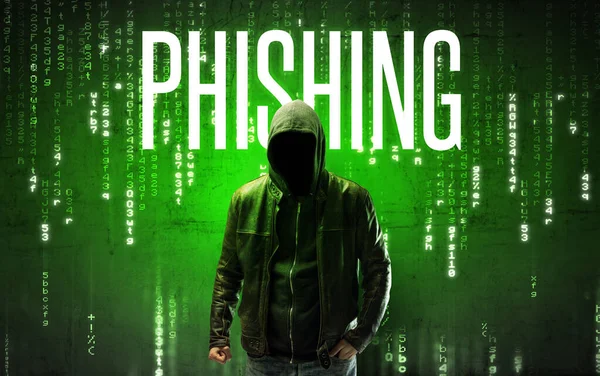 Bezobličejový Hacker Nápisem Phishing Hacking Koncept — Stock fotografie