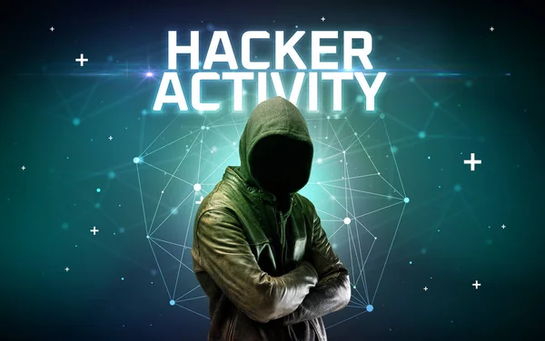 Misterioso Hacker Con Inscripción Hacker Activity Inscripción Concepto Ataque Línea —  Fotos de Stock