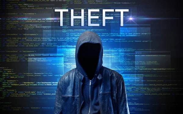 Bezimienny Haker Napisem Theft Tle Kodu Binarnego — Zdjęcie stockowe