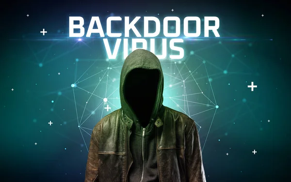 Mystérieux Hacker Avec Inscription Virus Backdoor Inscription Concept Attaque Ligne — Photo