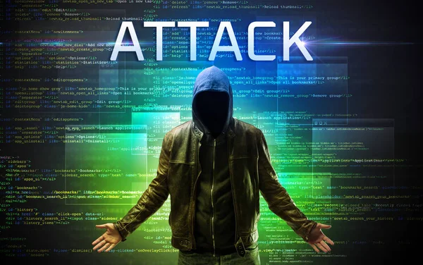 Gesichtsloser Hacker Mit Attack Aufschrift Auf Binärcode Hintergrund — Stockfoto