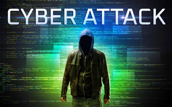 Hacker Tanpa Wajah Dengan Tulisan Cyber Attack Latar Belakang Kode — Stok Foto