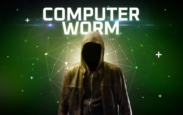 Μυστηριώδης Χάκερ Επιγραφή Computer Worm Online Επίθεση Έννοια Επιγραφή Απευθείας — Φωτογραφία Αρχείου