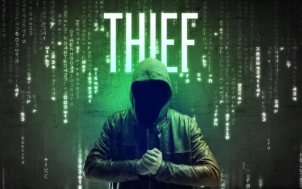 Faceless Hacker Thief Inscription Hacking Concept — Stock Photo, Image