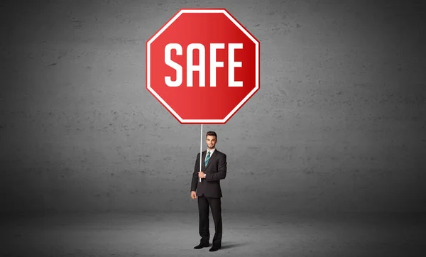 Young Business Person Holding Road Sign Safe Inscription New Rules — Stock Photo, Image