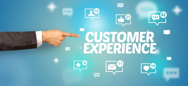 Close Cropped Hand Pointing Customer Experience Inscription Social Networking Concept — Stock Photo, Image