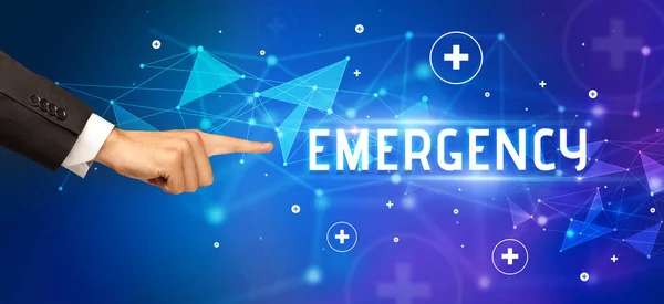 Nahaufnahme Der Abgeschnittenen Hand Die Auf Die Emergency Inschrift Zeigt — Stockfoto