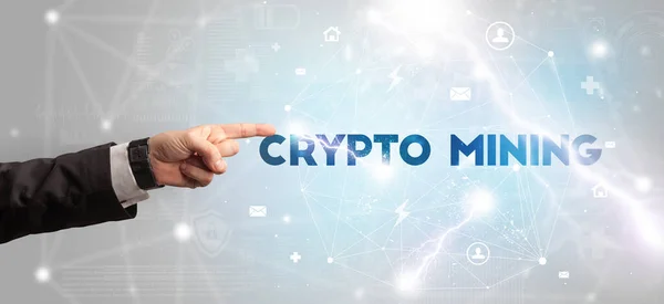 Hand Wijzen Crypto Mining Inscriptie Moderne Technologie Concept — Stockfoto