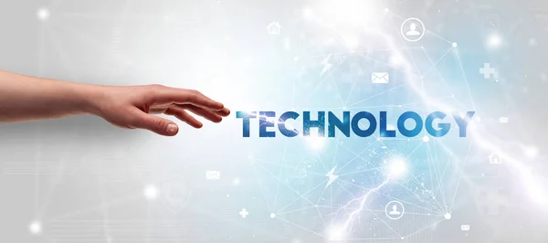 Hand Pekar Teknologi Inskription Modern Teknik Koncept — Stockfoto