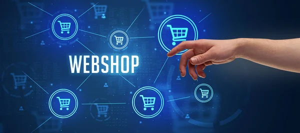 Close Van Bijgesneden Hand Wijzend Webshop Inscriptie Online Shopping Concept — Stockfoto