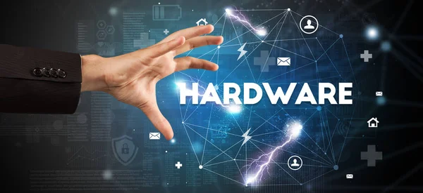 Mão Apontando Para Inscrição Hardware Conceito Tecnologia Moderna — Fotografia de Stock