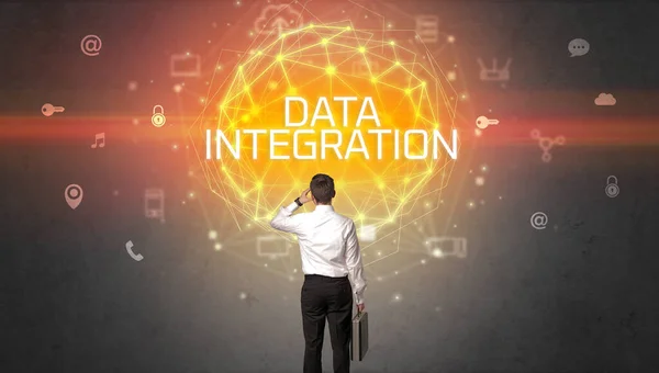 Visão Traseira Empresário Com Inscrição Data Integration Conceito Segurança Line — Fotografia de Stock
