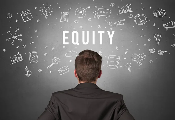 Pandangan Belakang Dari Seorang Pengusaha Dengan Tulisan Equity Konsep Bisnis — Stok Foto