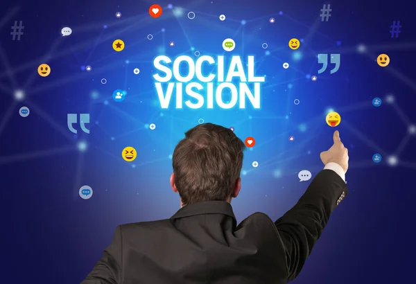 Οπίσθια Όψη Επιχειρηματία Επιγραφή Κοινωνικησ Ορασησ Έννοια Κοινωνικής Δικτύωσης — Φωτογραφία Αρχείου