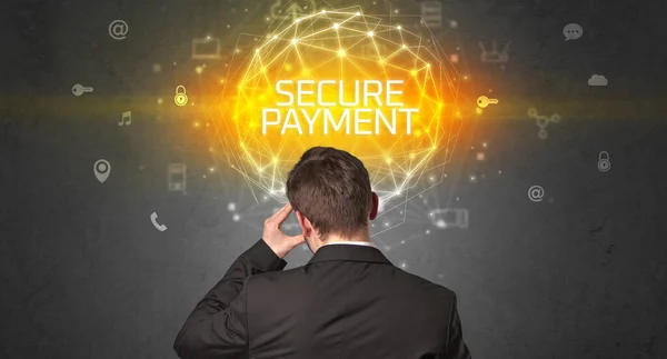 Vista Posteriore Uomo Affari Con Iscrizione Secure Payment Concetto Sicurezza — Foto Stock