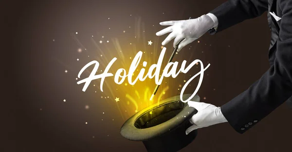 Magician Showing Magic Trick Holiday Inscription Traveling Concept — Stock Photo, Image