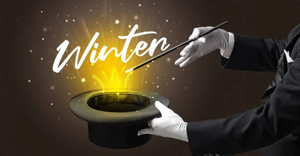 Magician Showing Magic Trick Winter Inscription Traveling Concept — Stock Photo, Image