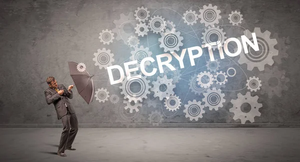 Empresario Defendiendo Con Paraguas Inscripción Decryption Concepto Tecnología — Foto de Stock