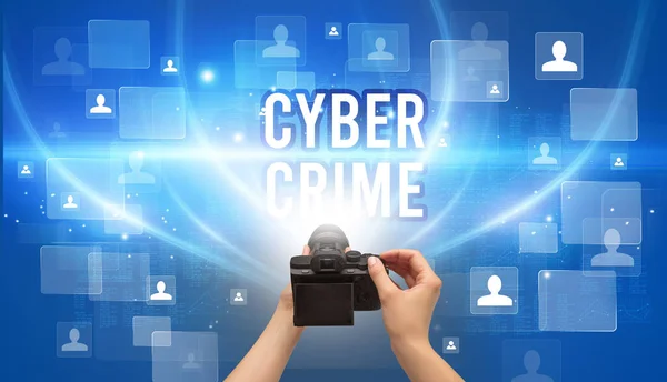 Närbild Handhållen Kamera Med Cyber Crime Inskription Videoövervakning Koncept — Stockfoto