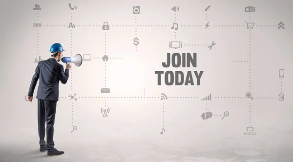 Engineer working on a new social media platform with JOIN TODAY inscription concept